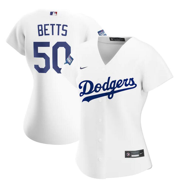 Women Los Angeles Dodgers 50 Mookie Betts Nike White 2020 World Series Champions Home Replica Player mlb Jersey